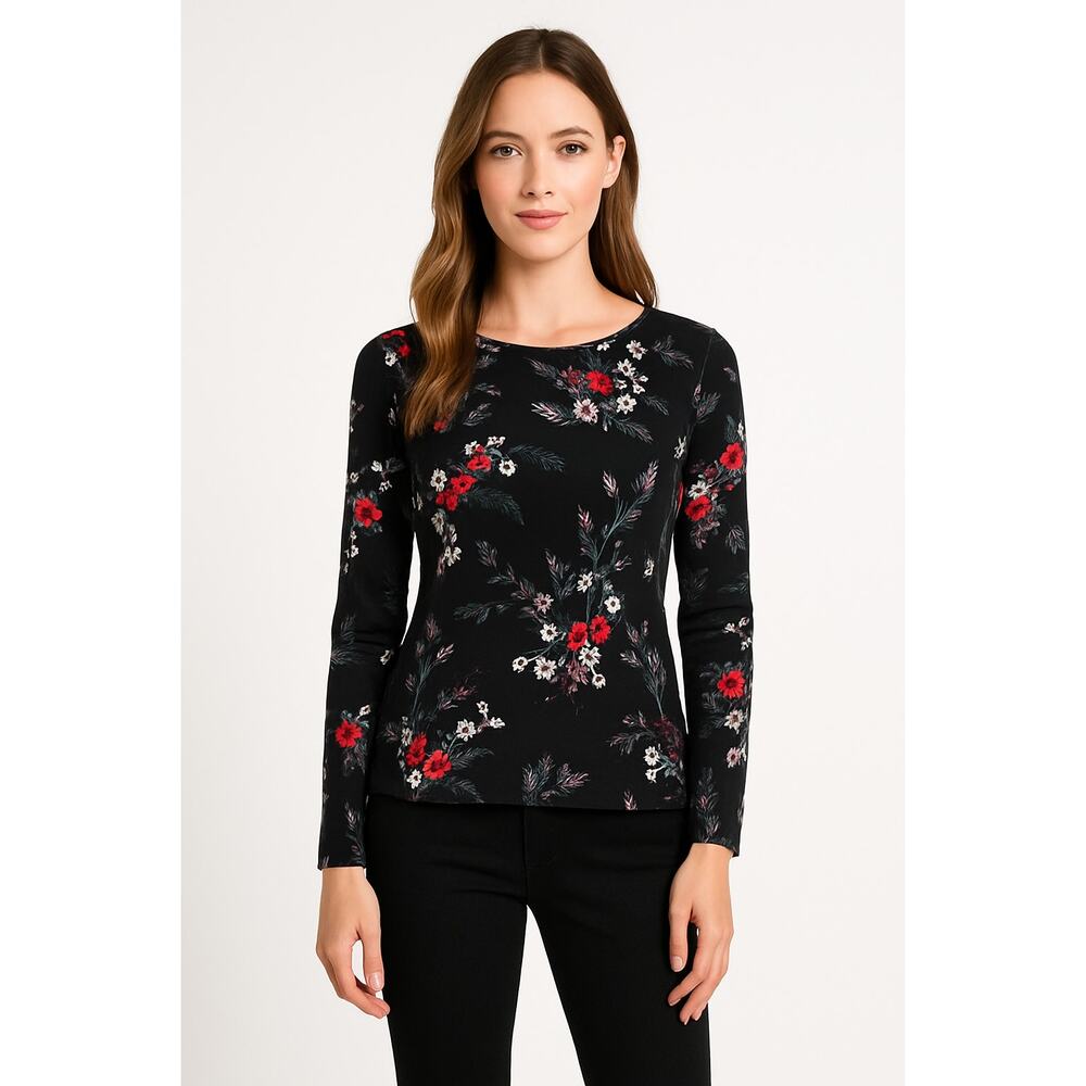 H&M Floral Blouse Women 2 Black Long Sleeve Cottage Minimalist Casual Keyhole